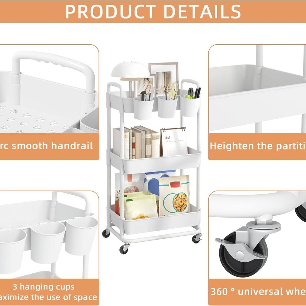 3-Tier Plastic Rolling Storage Cart Utility Cart with Extra Hanging Cups Handles - Picture 6 of 7
